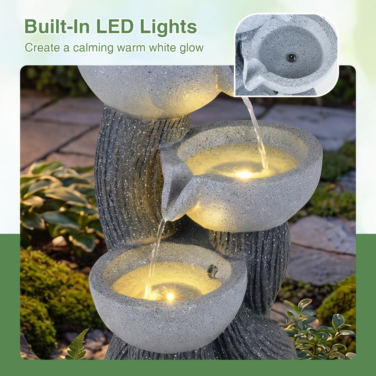 3-Tier Outdoor Water Fountain with LED Lights 18.5 Inch H for Patio Deck