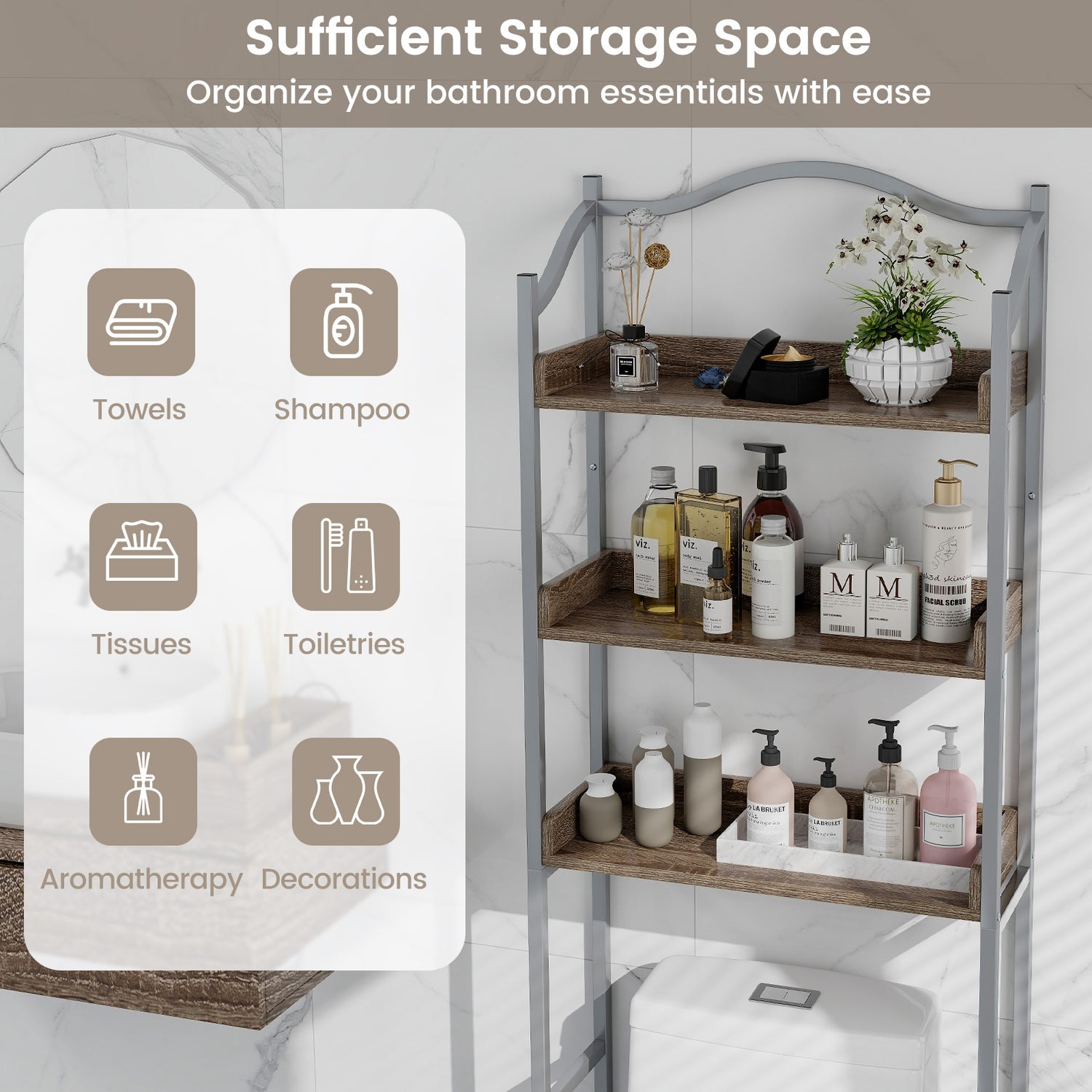 3-Tier Over-The-Toilet Bathroom Spacesaver Storage Rack-Silver