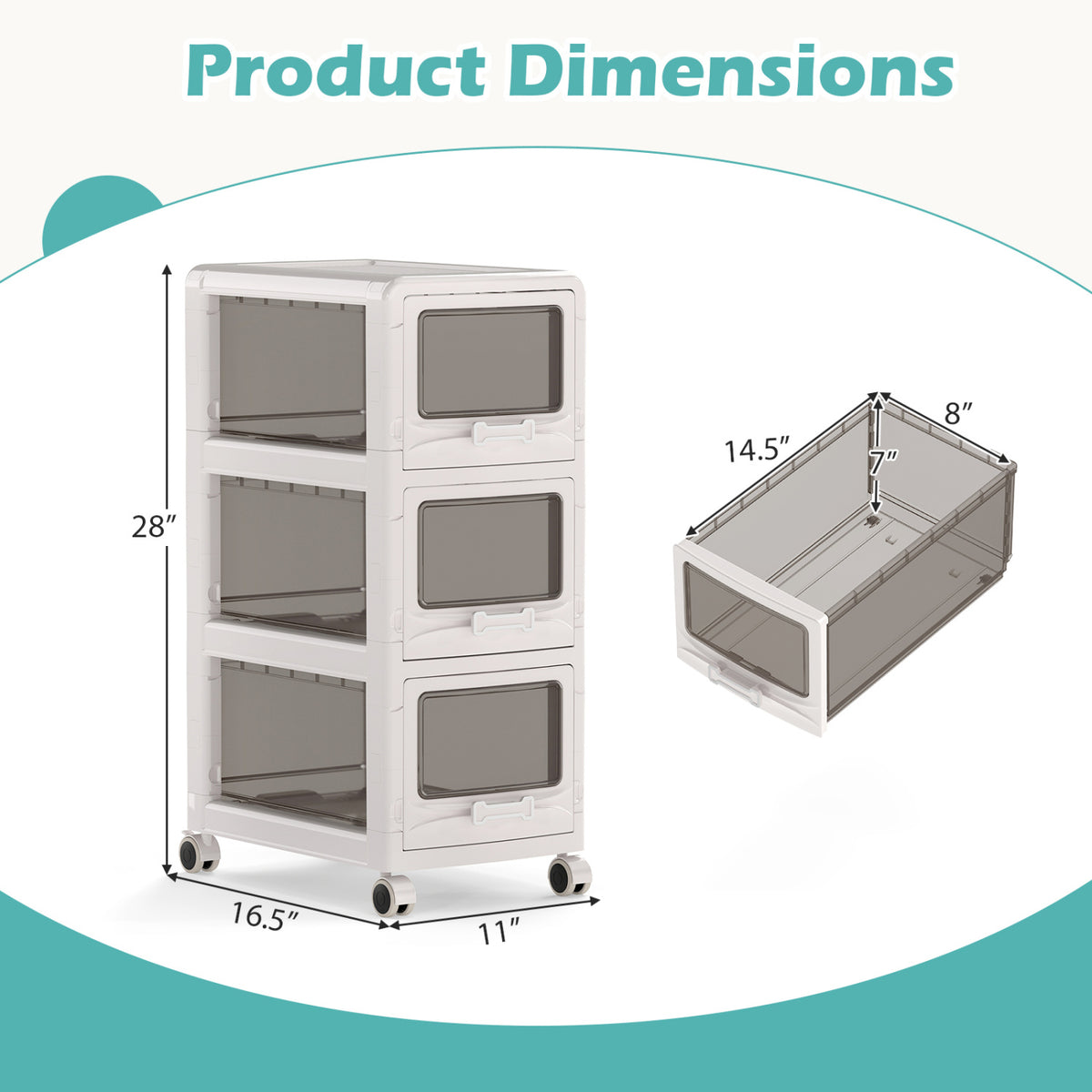 3-Tier Plastic Drawer Storage Organizer Rolling Cart with 3/4/5 Drawers and Lockable Wheels
