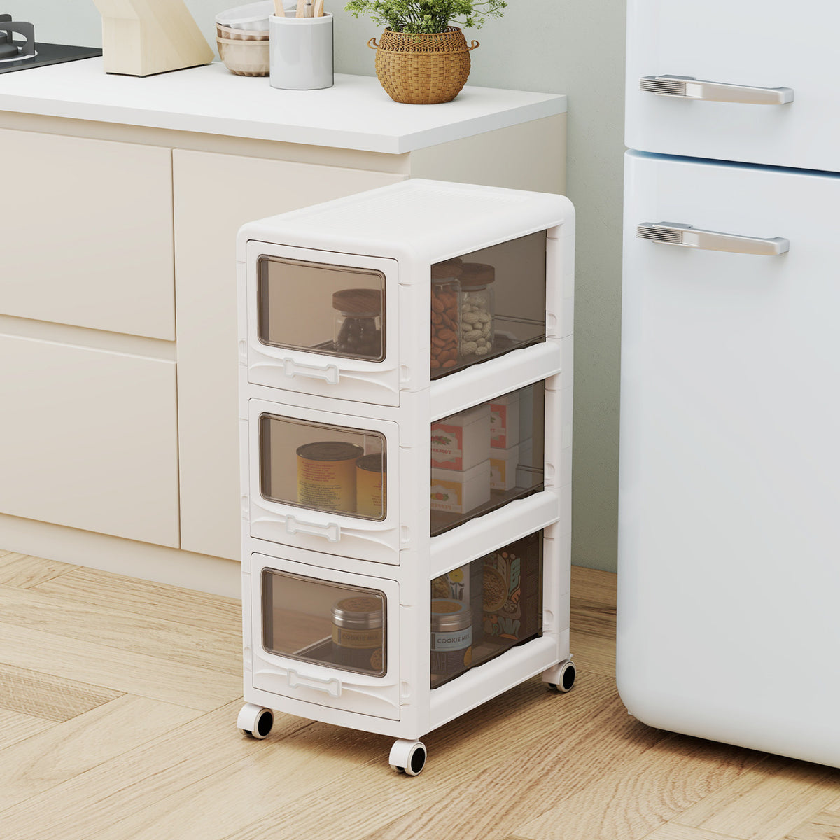 3-Tier Plastic Drawer Storage Organizer Rolling Cart with 3/4/5 Drawers and Lockable Wheels