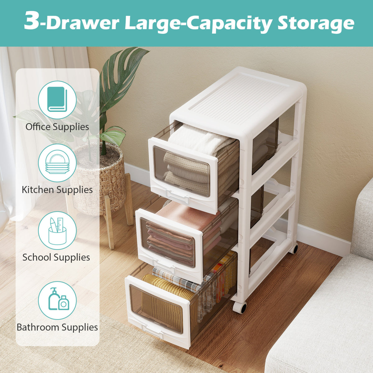 3-Tier Plastic Drawer Storage Organizer Rolling Cart with 3/4/5 Drawers and Lockable Wheels