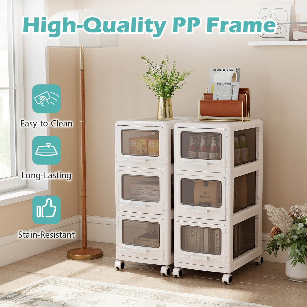 3-Tier Plastic Drawer Storage Organizer Rolling Cart with 3/4/5 Drawers and Lockable Wheels
