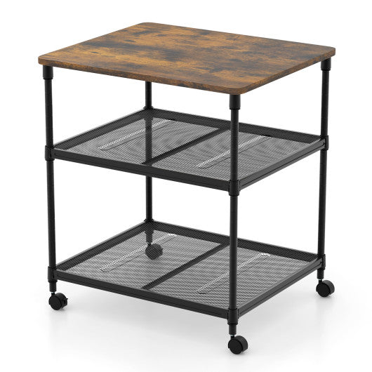 3 Tier Printer Stand Rolling Fax Cart with Adjustable Shelf and Swivel Wheels-Coffee