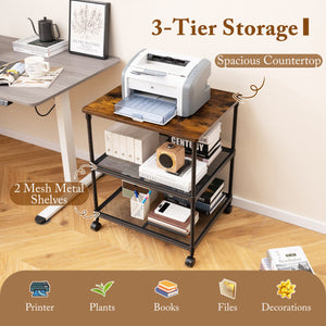 3 Tier Printer Stand Rolling Fax Cart with Adjustable Shelf and Swivel Wheels-Coffee