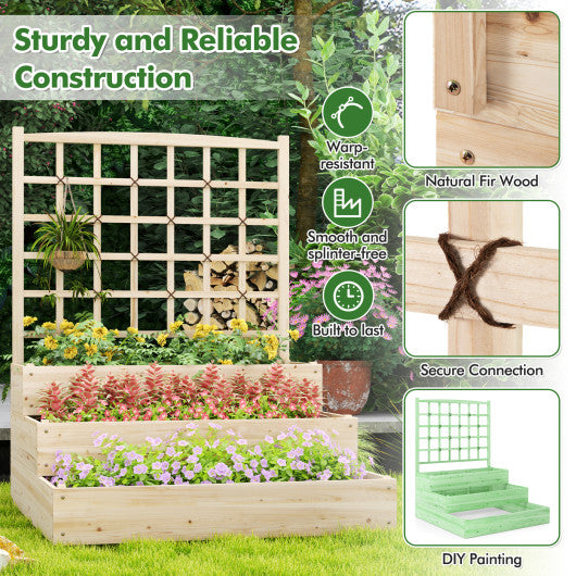 3-Tier Raised Garden Bed with Lattice Trellis and Open-Ended Base-Natural