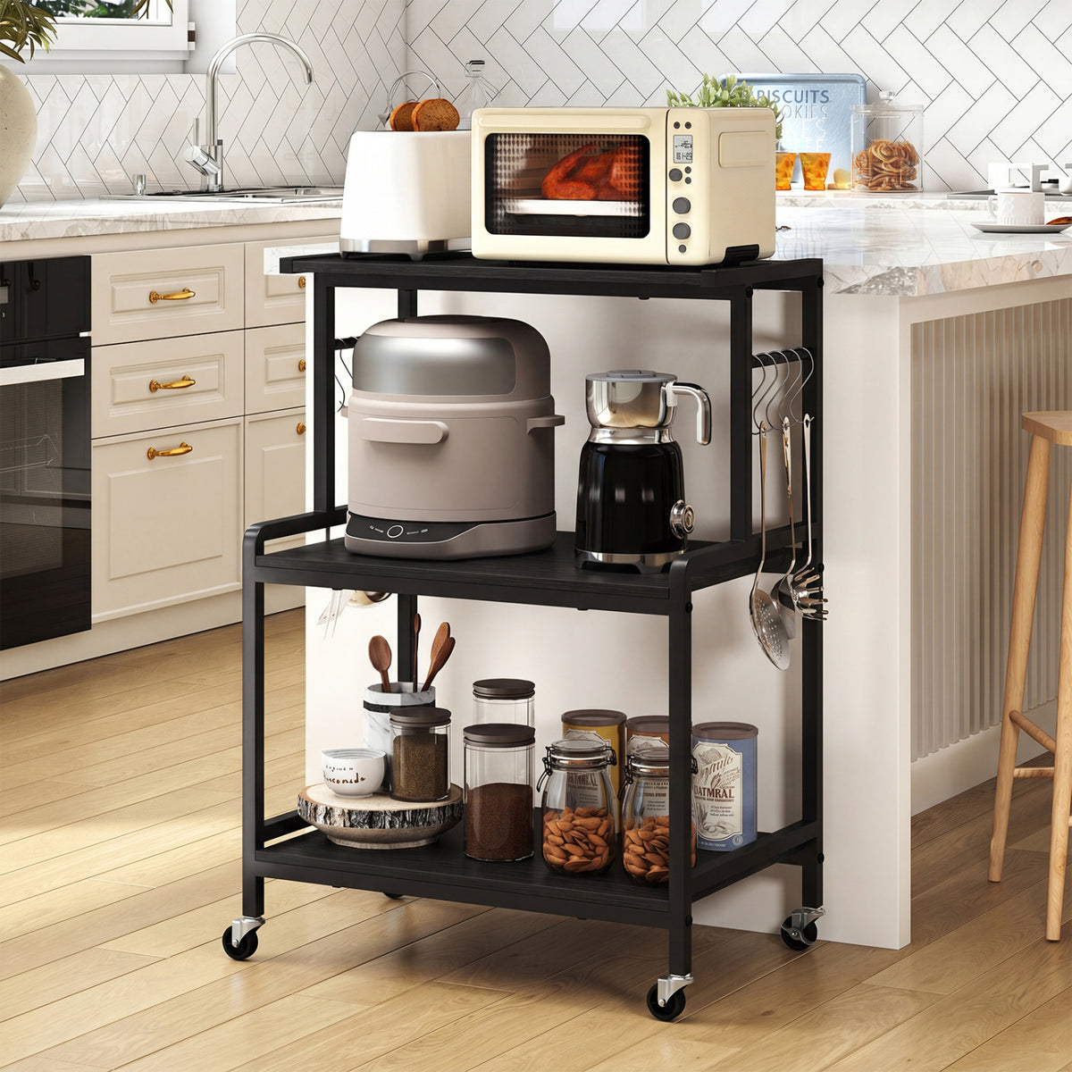 3-Tier Rolling Microwave Cart with Power Outlet and Lockable Wheels and 10 Hooks-Black