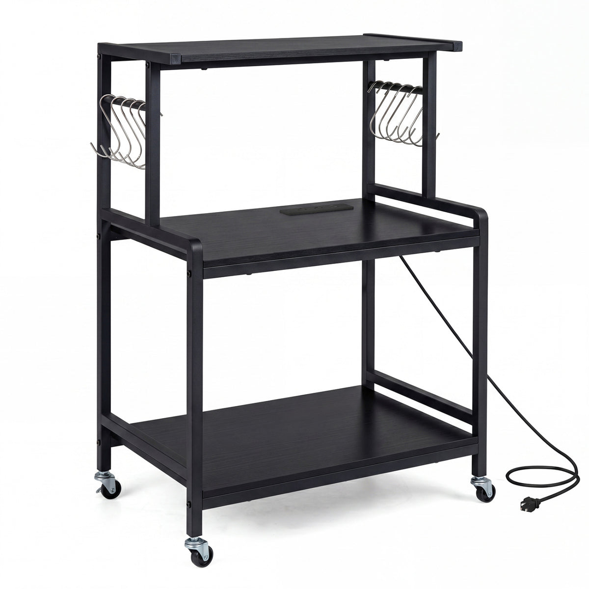 3-Tier Rolling Microwave Cart with Power Outlet and Lockable Wheels and 10 Hooks-Black