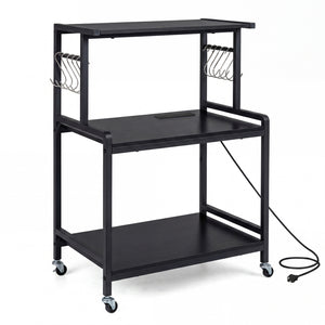 3-Tier Rolling Microwave Cart with Power Outlet and Lockable Wheels and 10 Hooks-Black