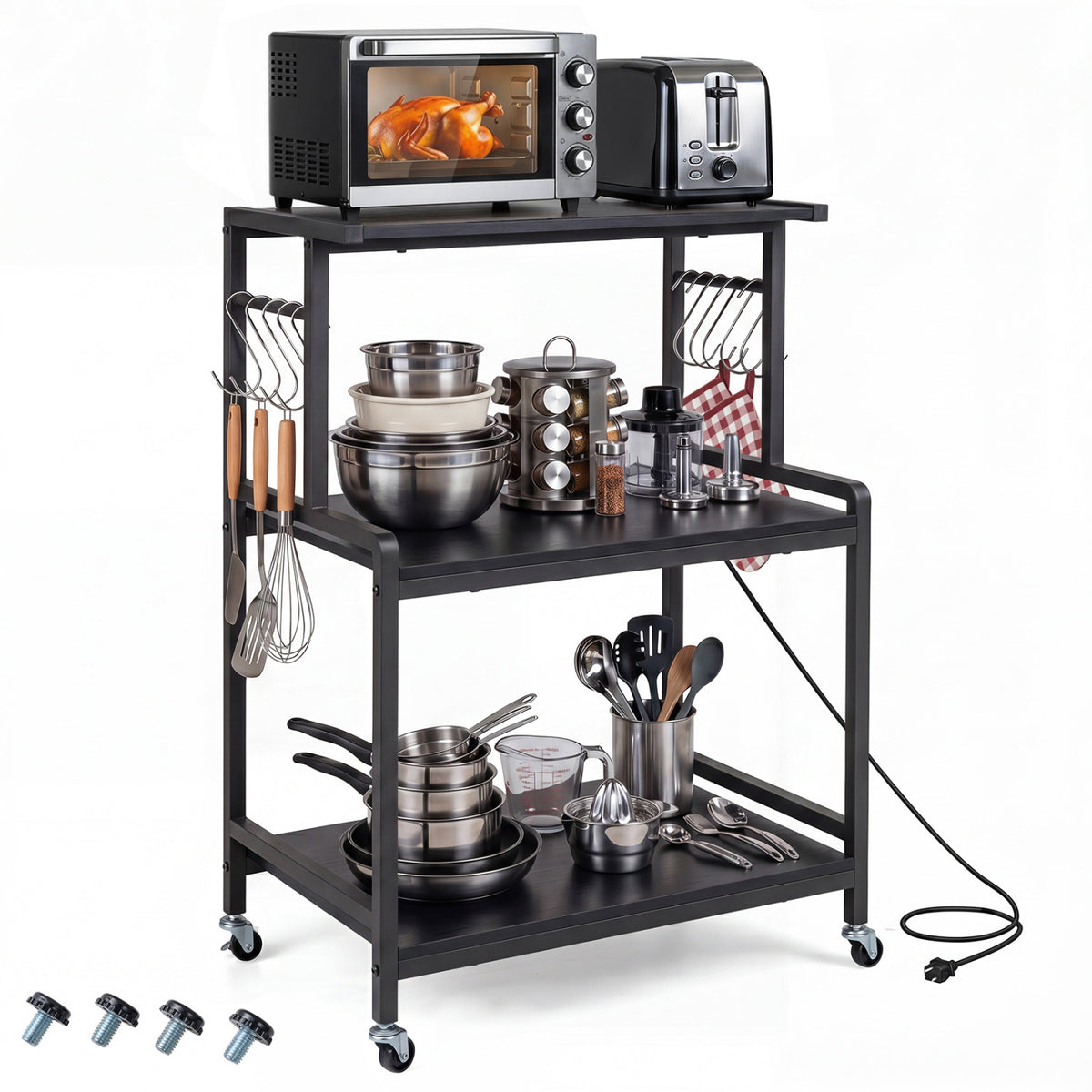 3-Tier Rolling Microwave Cart with Power Outlet and Lockable Wheels and 10 Hooks-Black