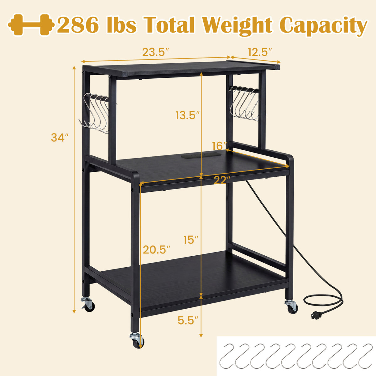 3-Tier Rolling Microwave Cart with Power Outlet and Lockable Wheels and 10 Hooks-Black