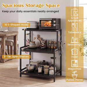 3-Tier Rolling Microwave Cart with Power Outlet and Lockable Wheels and 10 Hooks-Black