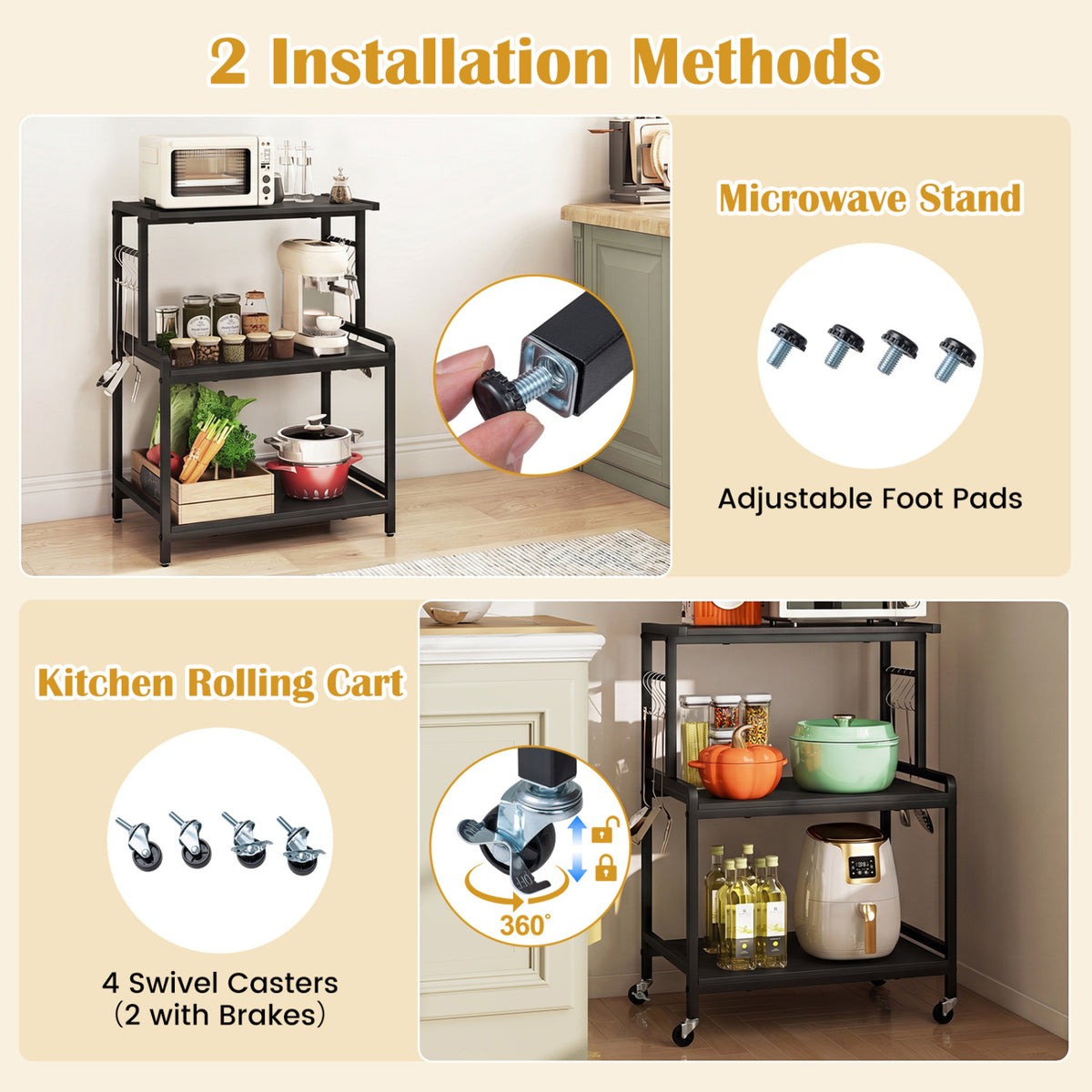 3-Tier Rolling Microwave Cart with Power Outlet and Lockable Wheels and 10 Hooks-Black