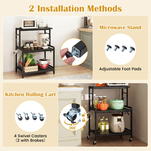 3-Tier Rolling Microwave Cart with Power Outlet and Lockable Wheels and 10 Hooks-Black