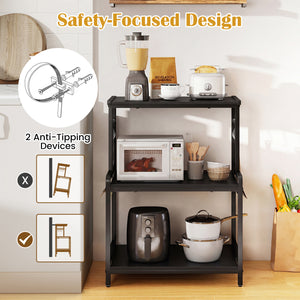 3-Tier Rolling Microwave Cart with Power Outlet and Lockable Wheels and 10 Hooks-Black