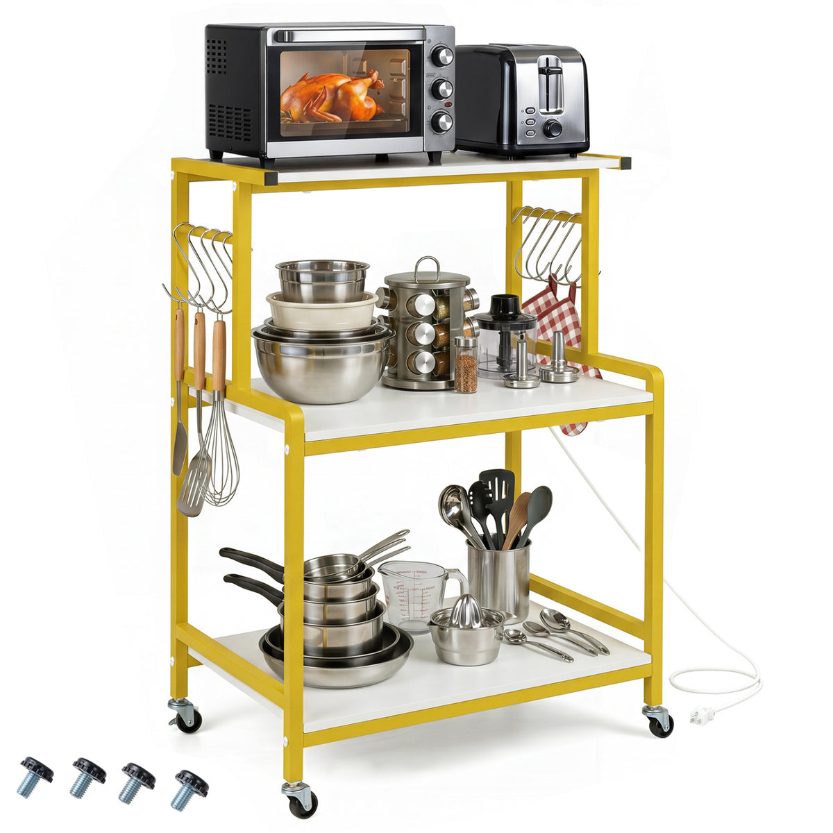 3-Tier Rolling Microwave Cart with Power Outlet and Lockable Wheels and 10 Hooks-White