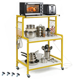 3-Tier Rolling Microwave Cart with Power Outlet and Lockable Wheels and 10 Hooks-White