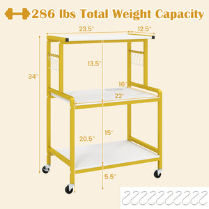 3-Tier Rolling Microwave Cart with Power Outlet and Lockable Wheels and 10 Hooks-White