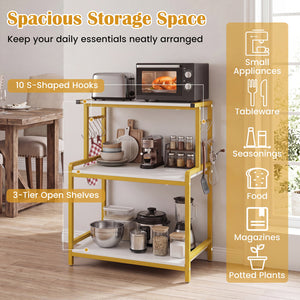 3-Tier Rolling Microwave Cart with Power Outlet and Lockable Wheels and 10 Hooks-White