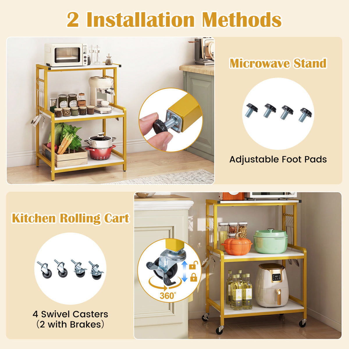 3-Tier Rolling Microwave Cart with Power Outlet and Lockable Wheels and 10 Hooks-White