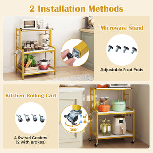 3-Tier Rolling Microwave Cart with Power Outlet and Lockable Wheels and 10 Hooks-White