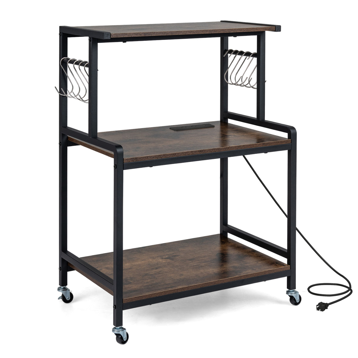 3-Tier Rolling Microwave Cart with Power Outlet and Lockable Wheels and 10 Hooks-Rustic Brown