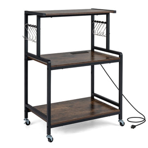 3-Tier Rolling Microwave Cart with Power Outlet and Lockable Wheels and 10 Hooks-Rustic Brown