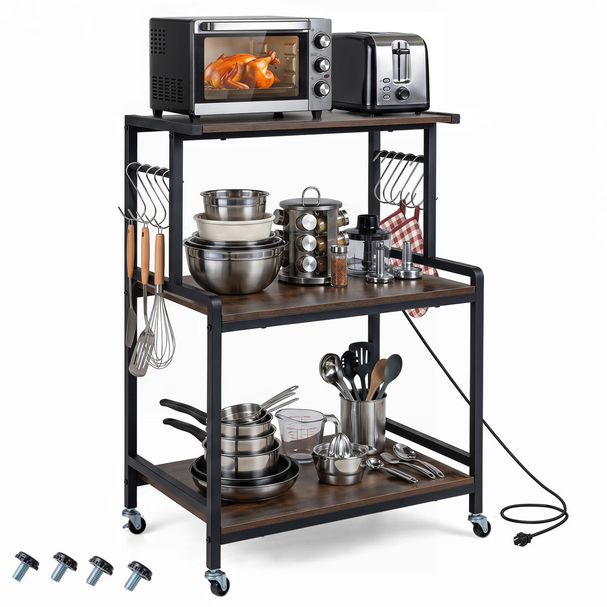 3-Tier Rolling Microwave Cart with Power Outlet and Lockable Wheels and 10 Hooks-Rustic Brown