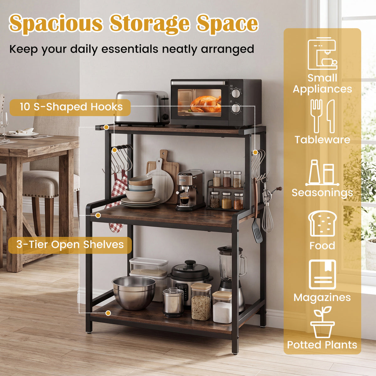 3-Tier Rolling Microwave Cart with Power Outlet and Lockable Wheels and 10 Hooks-Rustic Brown