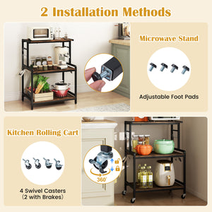 3-Tier Rolling Microwave Cart with Power Outlet and Lockable Wheels and 10 Hooks-Rustic Brown