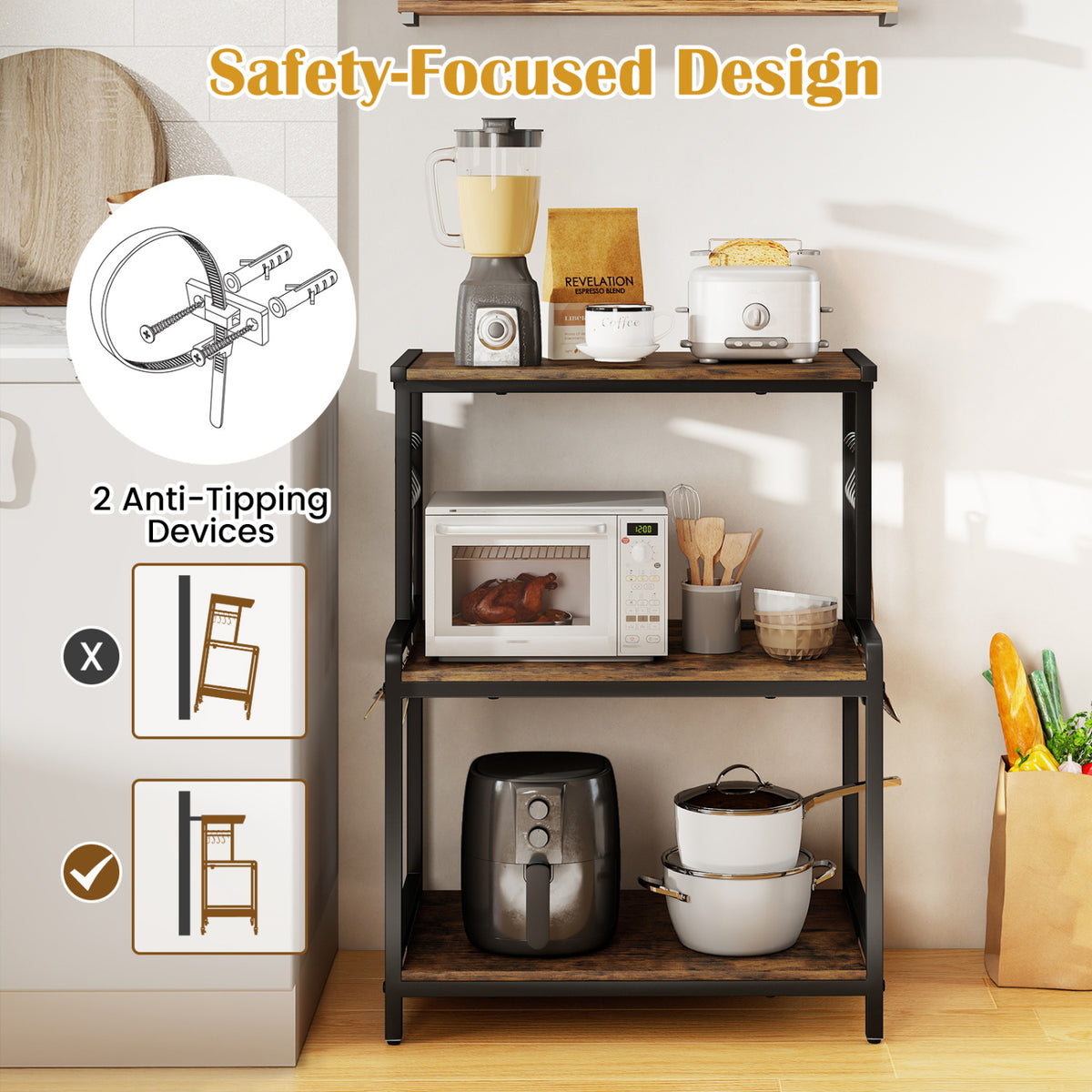 3-Tier Rolling Microwave Cart with Power Outlet and Lockable Wheels and 10 Hooks-Rustic Brown