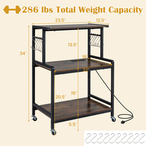 3-Tier Rolling Microwave Cart with Power Outlet and Lockable Wheels and 10 Hooks-Rustic Brown