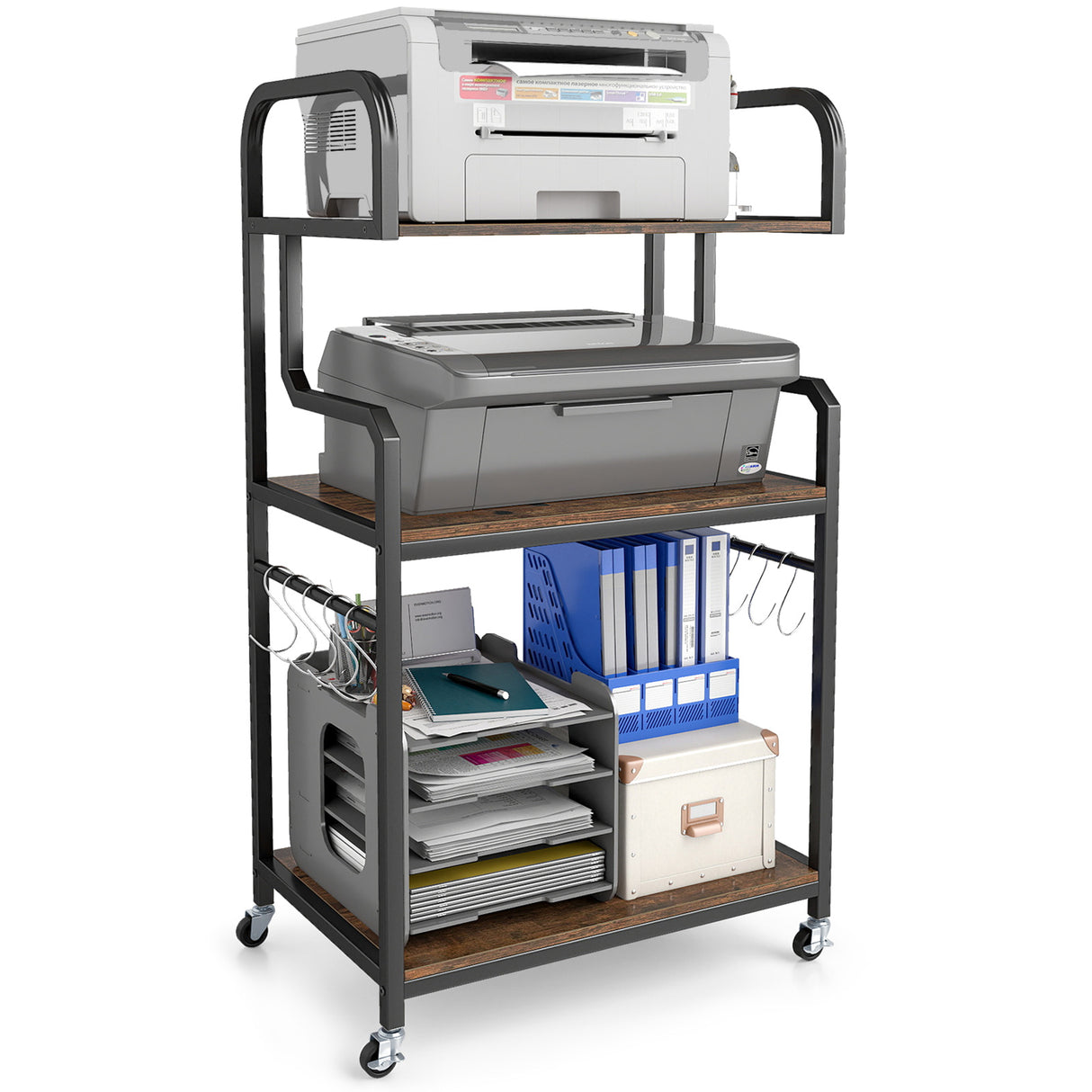 3-Tier Rolling Printer Stand Home Office Large Printer Cart with Storage Shelves-Rustic Brown