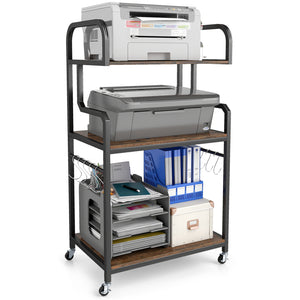 3-Tier Rolling Printer Stand Home Office Large Printer Cart with Storage Shelves-Rustic Brown
