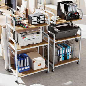 3-Tier Rolling Printer Stand Home Office Large Printer Cart with Storage Shelves-Natural