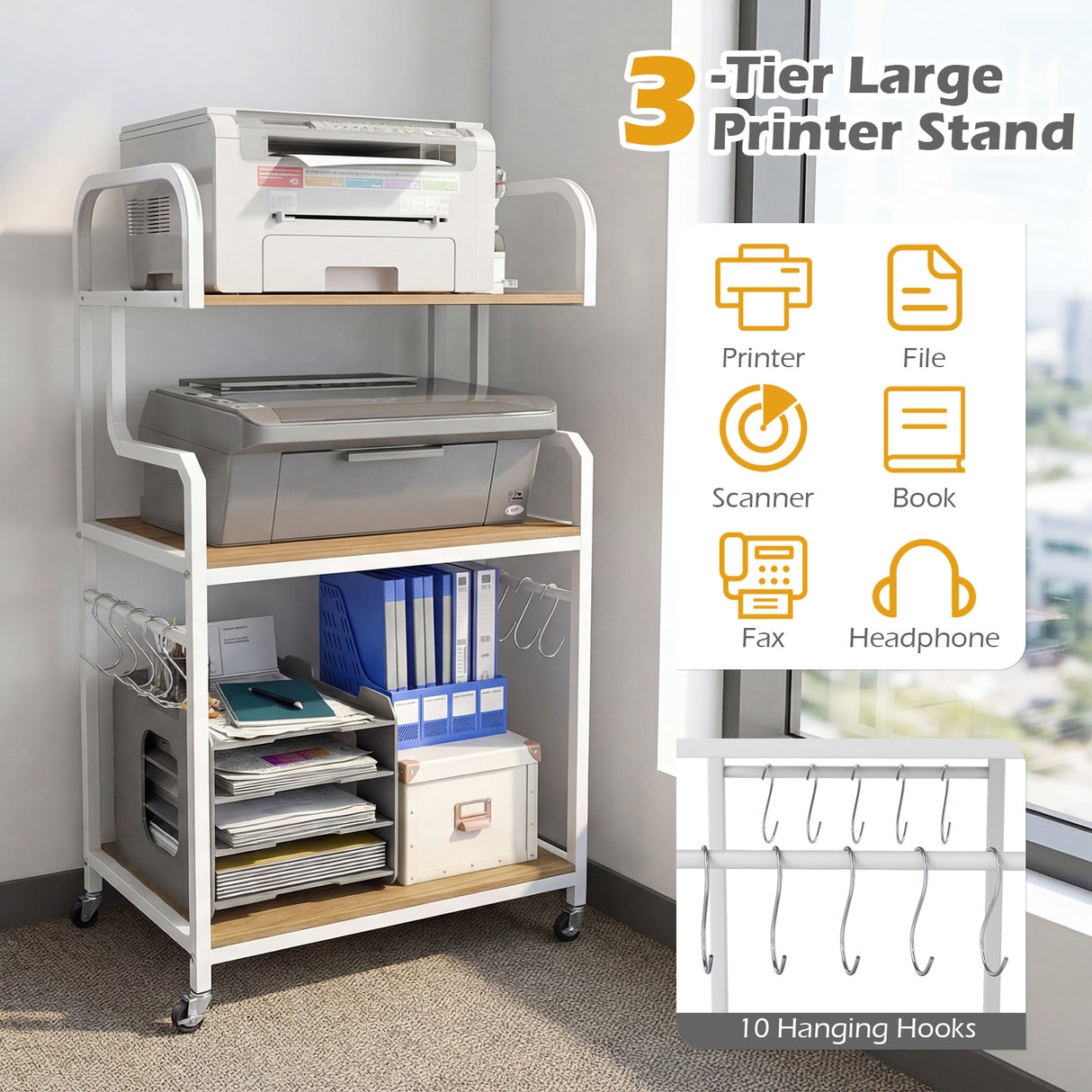 3-Tier Rolling Printer Stand Home Office Large Printer Cart with Storage Shelves-Natural