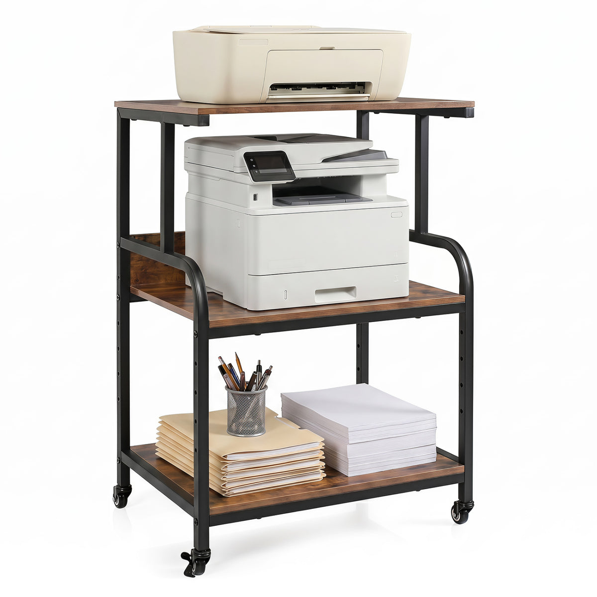 3-Tier Rolling Printer Stand with Adjustable Shelf and Lockable Wheels-Rustic Brown
