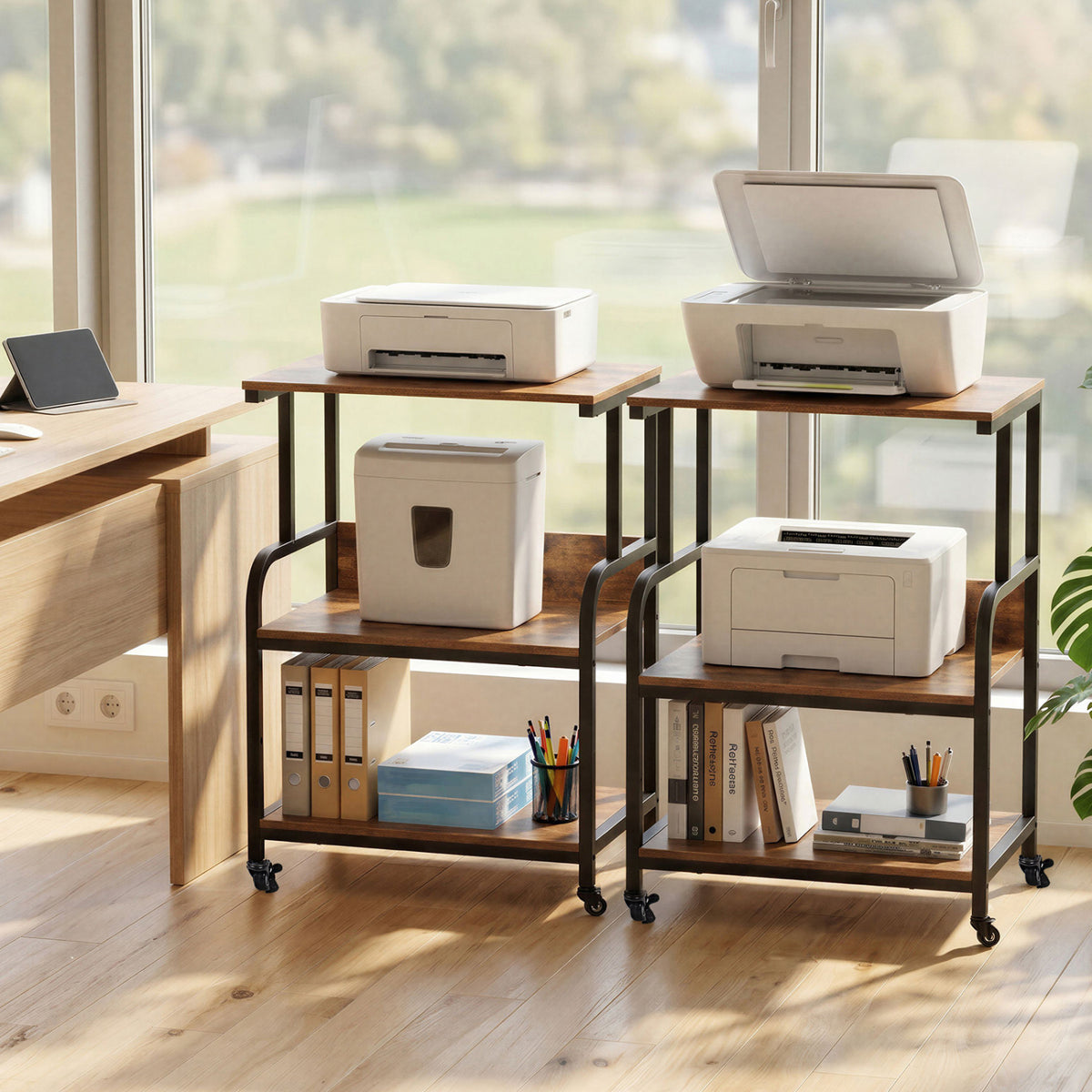 3-Tier Rolling Printer Stand with Adjustable Shelf and Lockable Wheels-Rustic Brown
