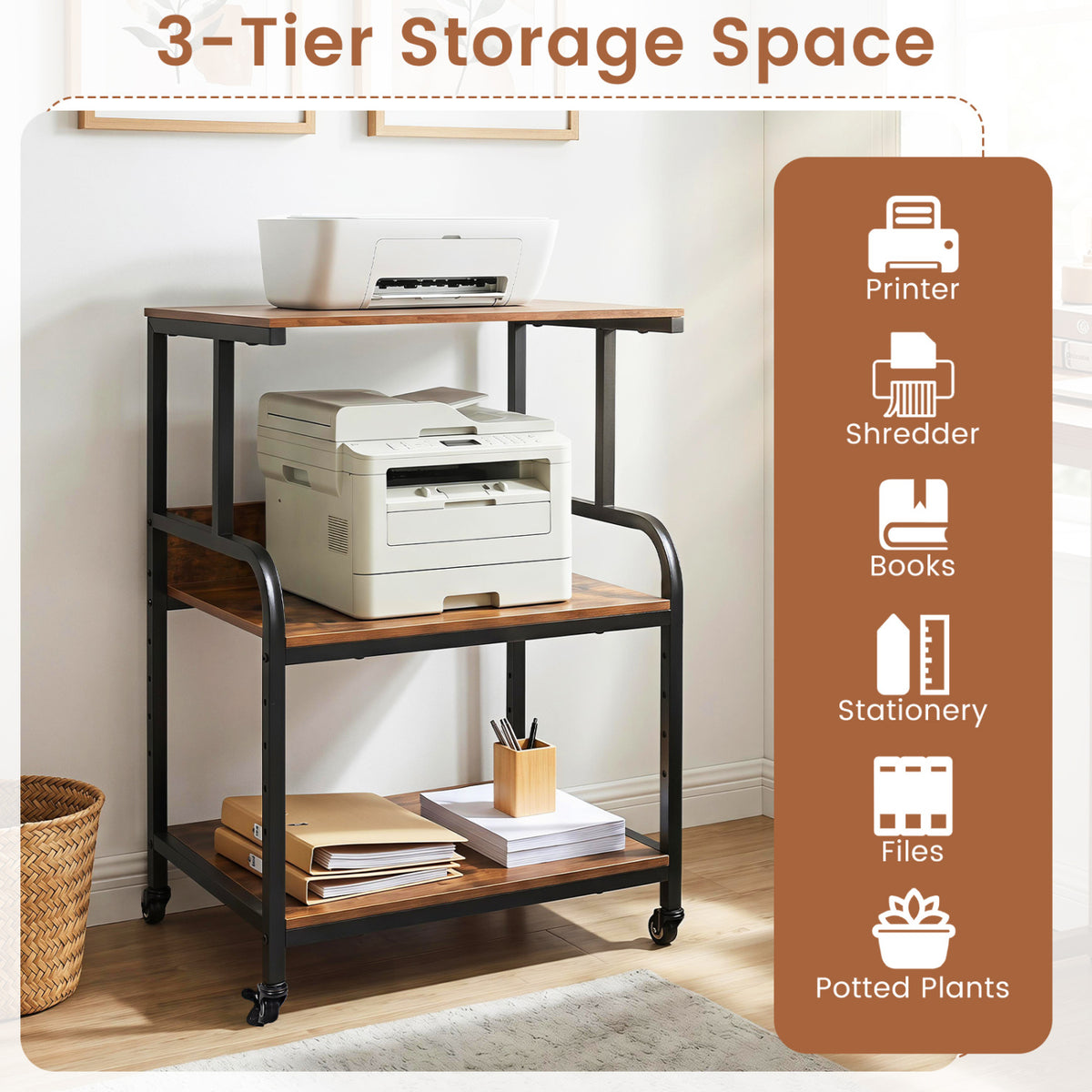 3-Tier Rolling Printer Stand with Adjustable Shelf and Lockable Wheels-Rustic Brown