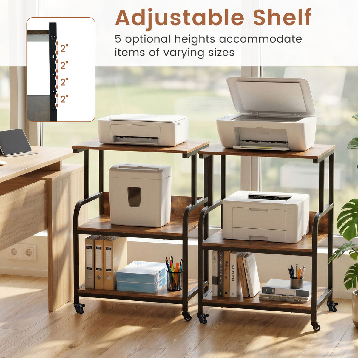 3-Tier Rolling Printer Stand with Adjustable Shelf and Lockable Wheels-Rustic Brown