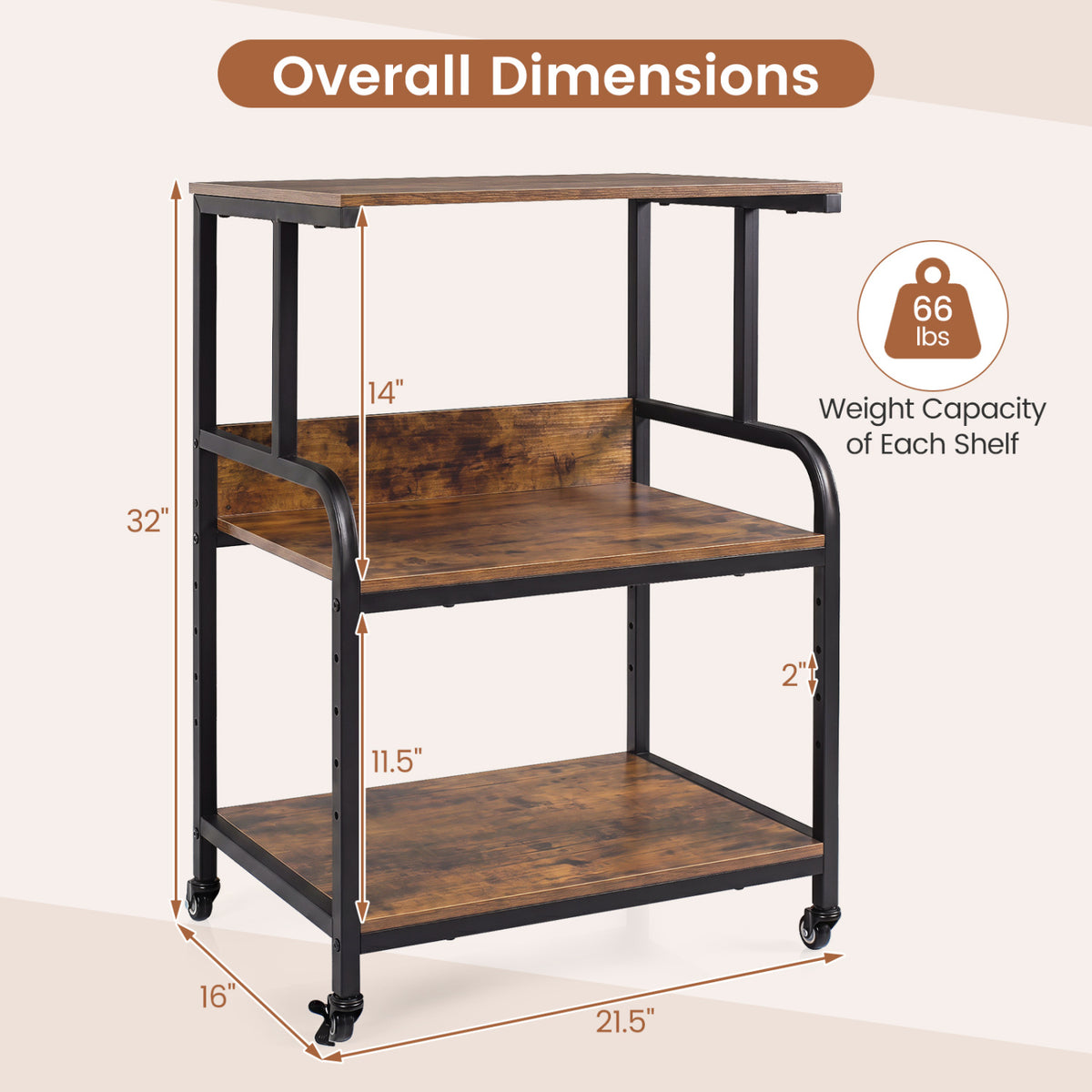 3-Tier Rolling Printer Stand with Adjustable Shelf and Lockable Wheels-Rustic Brown