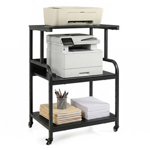 3-Tier Rolling Printer Stand with Adjustable Shelf and Lockable Wheels-Black