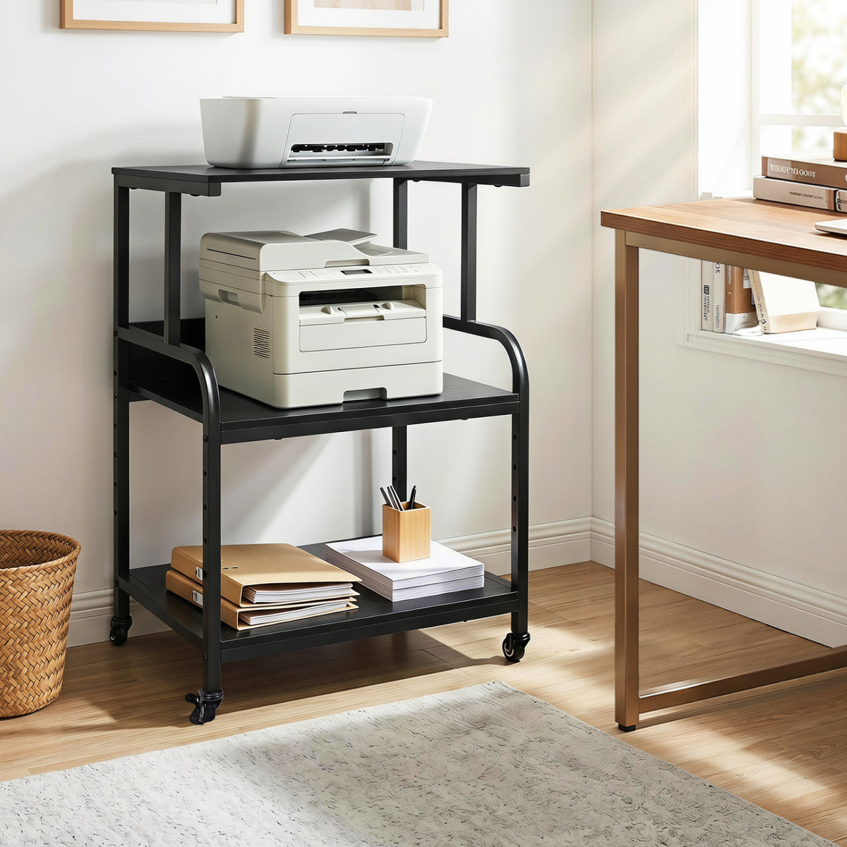 3-Tier Rolling Printer Stand with Adjustable Shelf and Lockable Wheels-Black