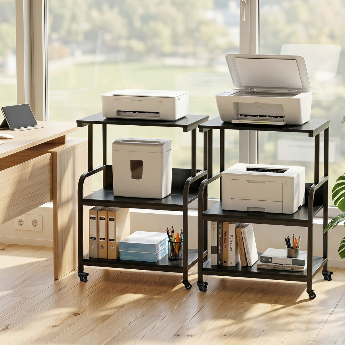 3-Tier Rolling Printer Stand with Adjustable Shelf and Lockable Wheels-Black