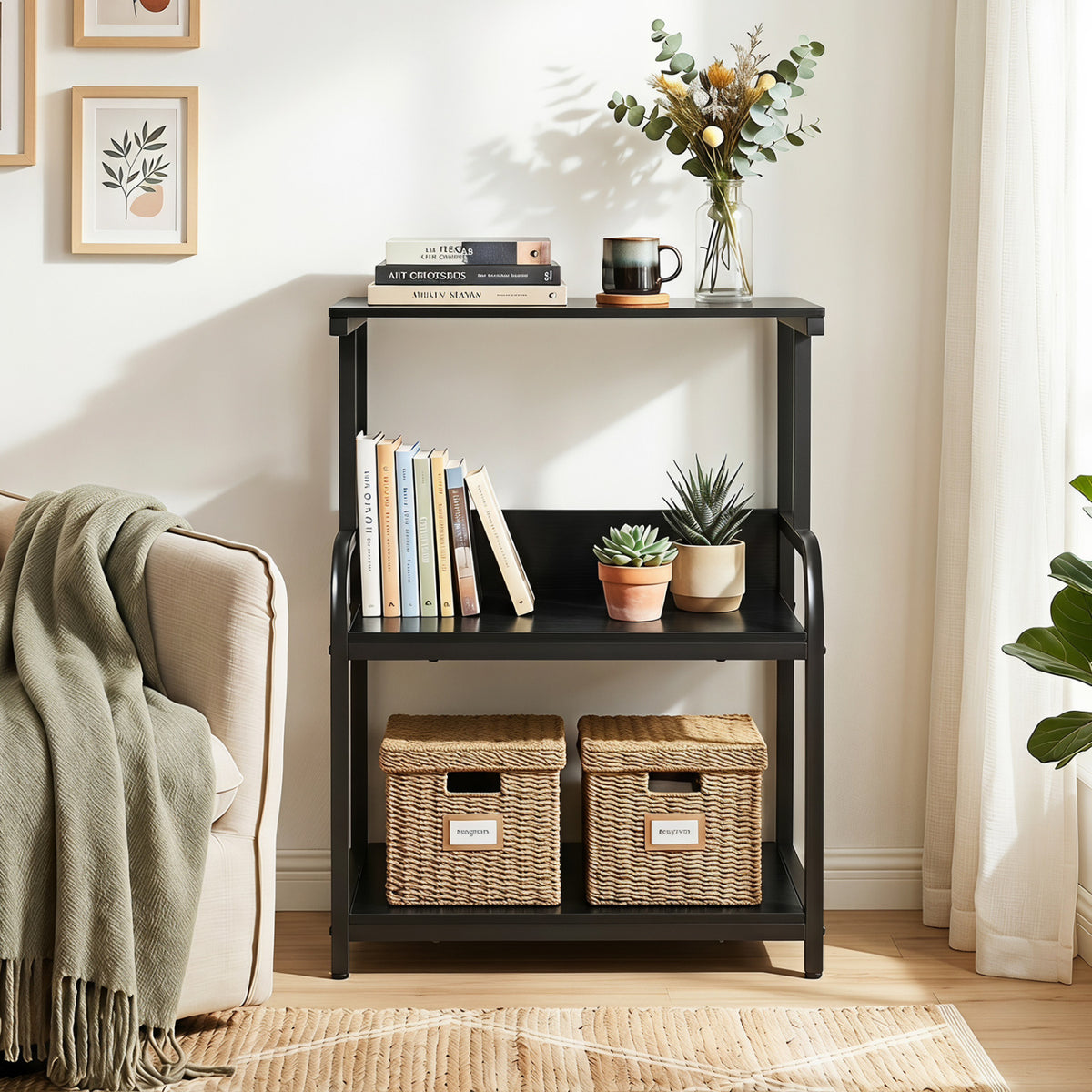 3-Tier Rolling Printer Stand with Adjustable Shelf and Lockable Wheels-Black