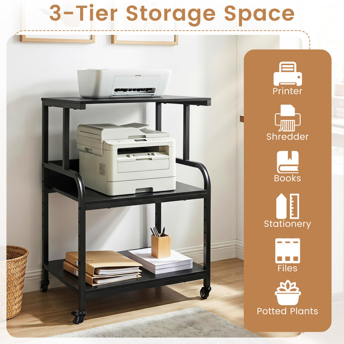 3-Tier Rolling Printer Stand with Adjustable Shelf and Lockable Wheels-Black