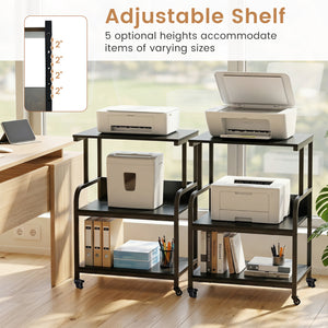 3-Tier Rolling Printer Stand with Adjustable Shelf and Lockable Wheels-Black