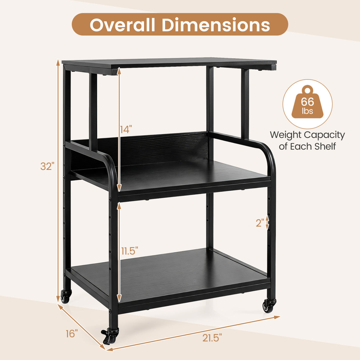 3-Tier Rolling Printer Stand with Adjustable Shelf and Lockable Wheels-Black