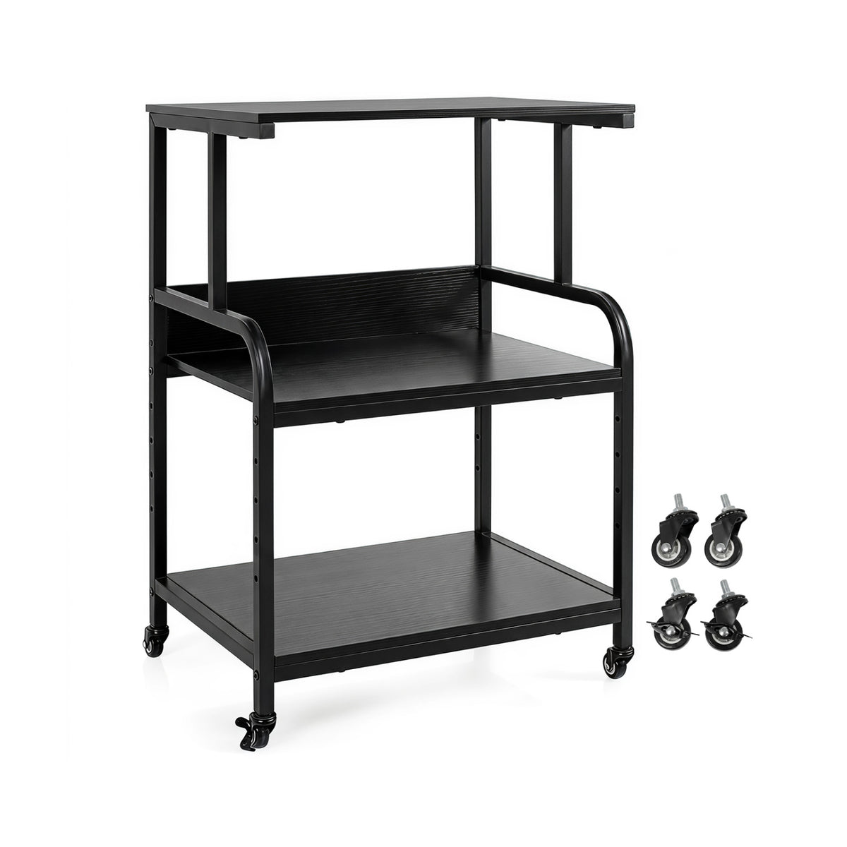 3-Tier Rolling Printer Stand with Adjustable Shelf and Lockable Wheels-Black