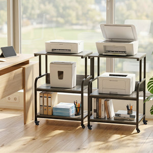 3-Tier Rolling Printer Stand with Adjustable Shelf and Lockable Wheels-Oak