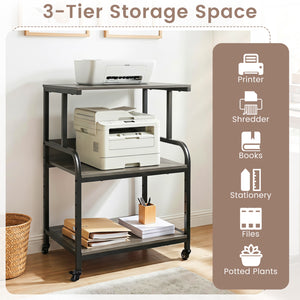 3-Tier Rolling Printer Stand with Adjustable Shelf and Lockable Wheels-Oak